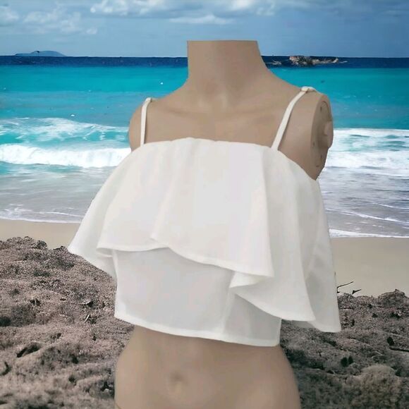 Y2K Ruffled Crop Top Cami Vanilla White Adjustable Spaghetti Straps Zipper Back. - Picture 16 of 16